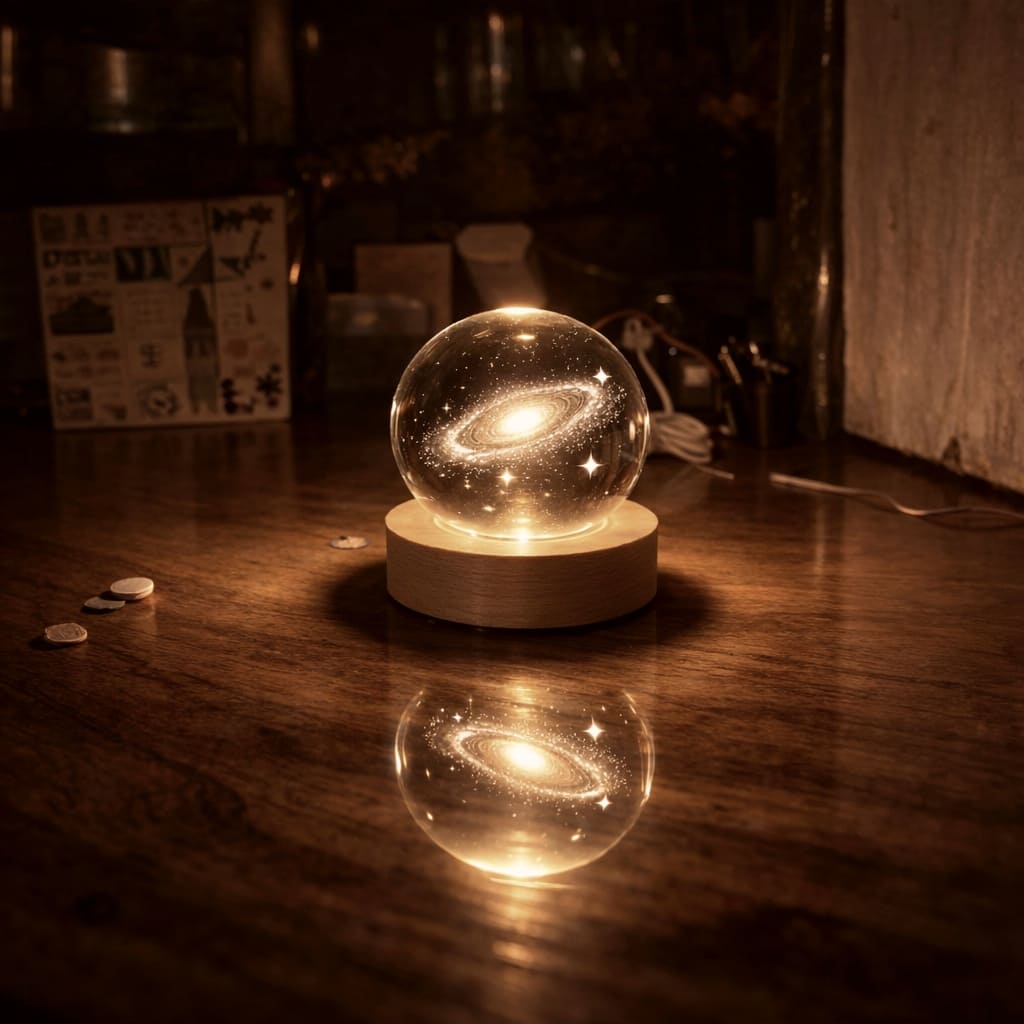 Galaxy lamp on a wooden surface with a warm glow