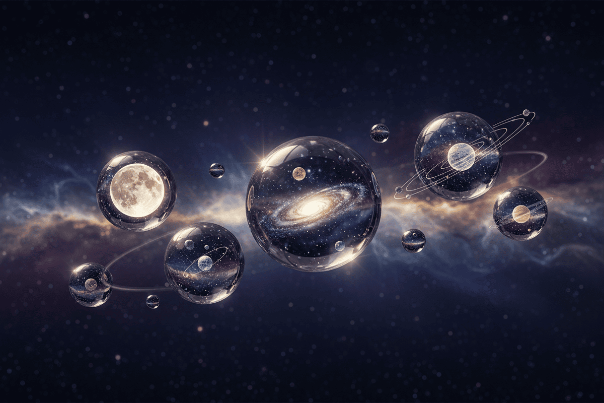 Illustration of planets and nebulae in space with a dark starry background